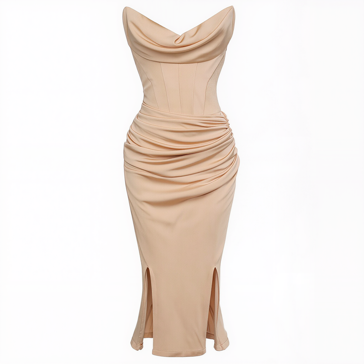 Nude Strapless Cowl Neck Corset Midi Dress