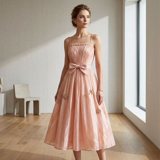 Blush Tulle Spaghetti Strap Midi Dress with Bow & Beaded Details