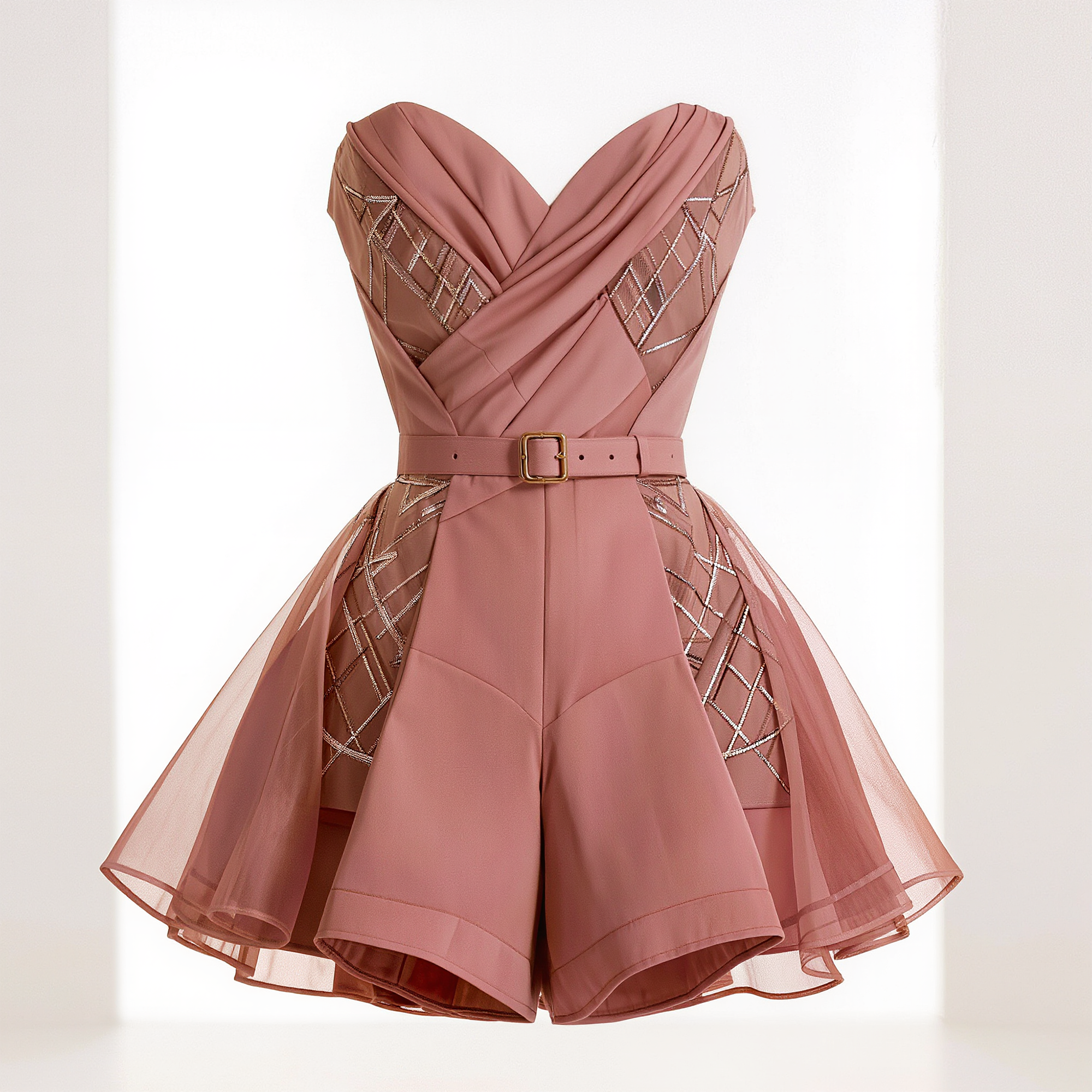Blush Strapless Embellished Belted Romper