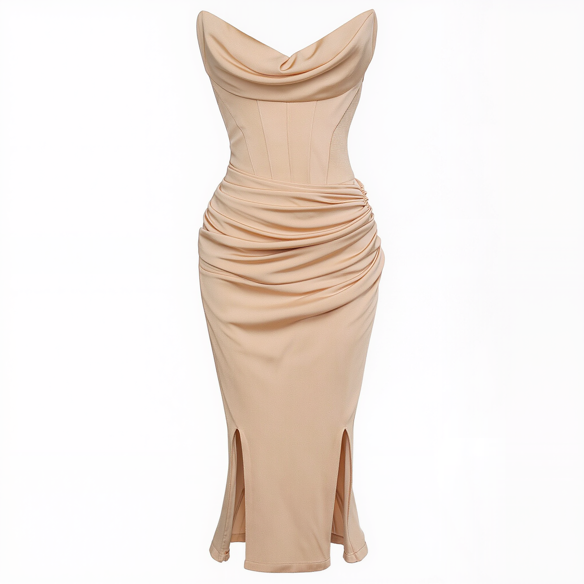 Nude Strapless Cowl Neck Corset Midi Dress