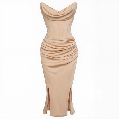 Nude Strapless Cowl Neck Corset Midi Dress