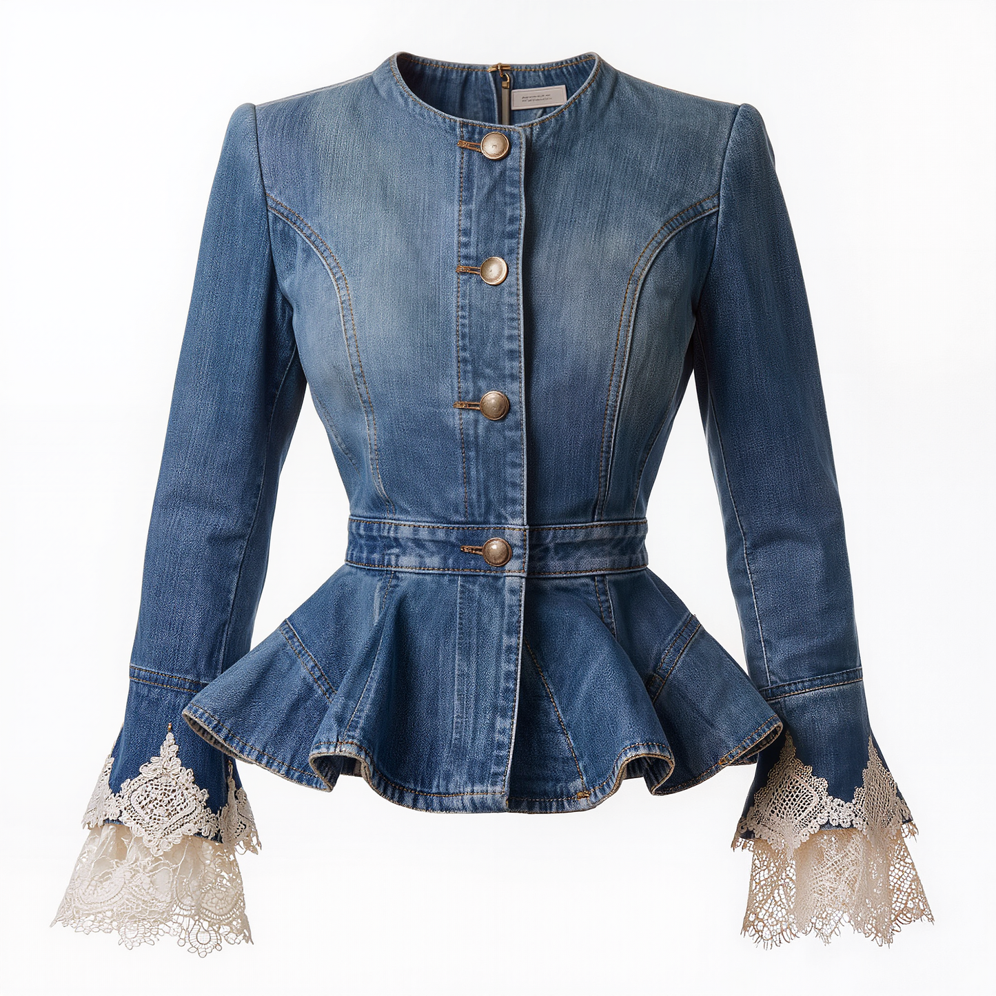Lace-Trimmed Denim Peplum Jacket