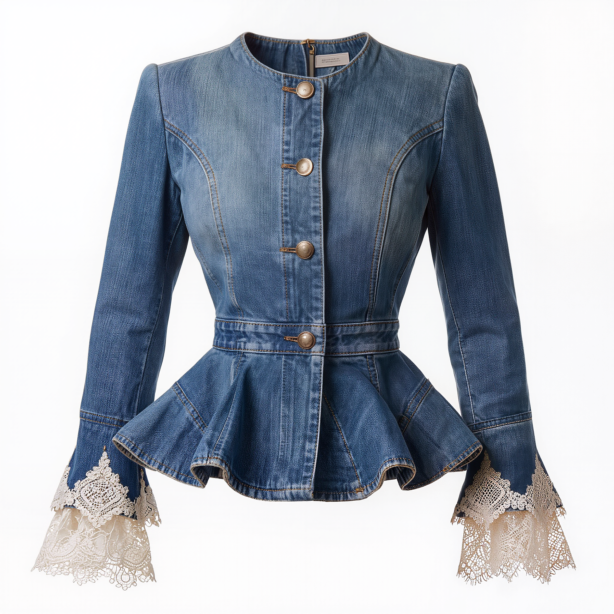 Lace-Trimmed Denim Peplum Jacket