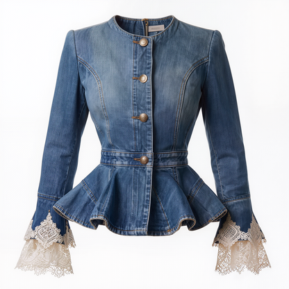 Lace-Trimmed Denim Peplum Jacket