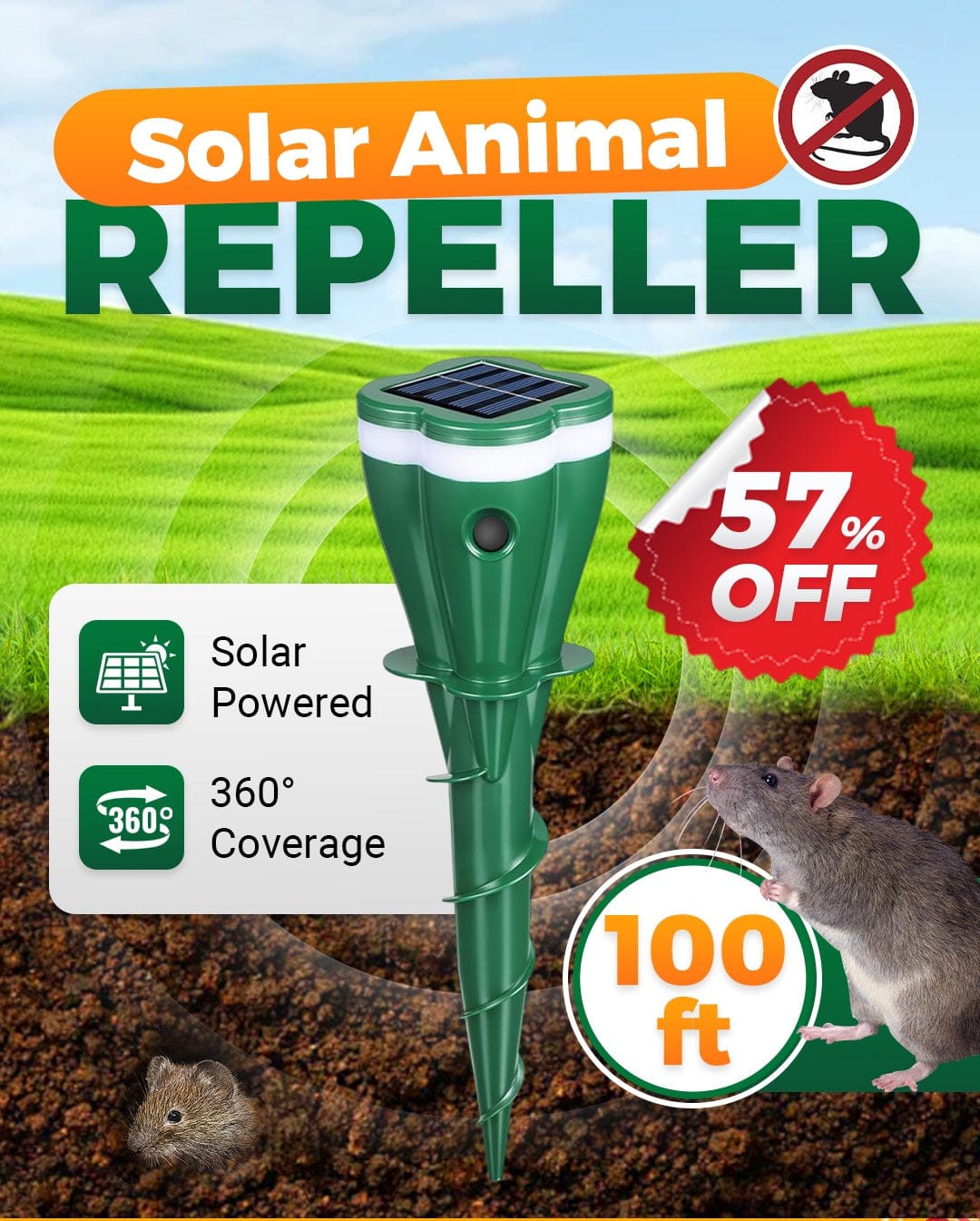 🌸Spring Sale 50 % OFF☘️Outdoors Solar Powered Waterproof Screw Mole Repellent