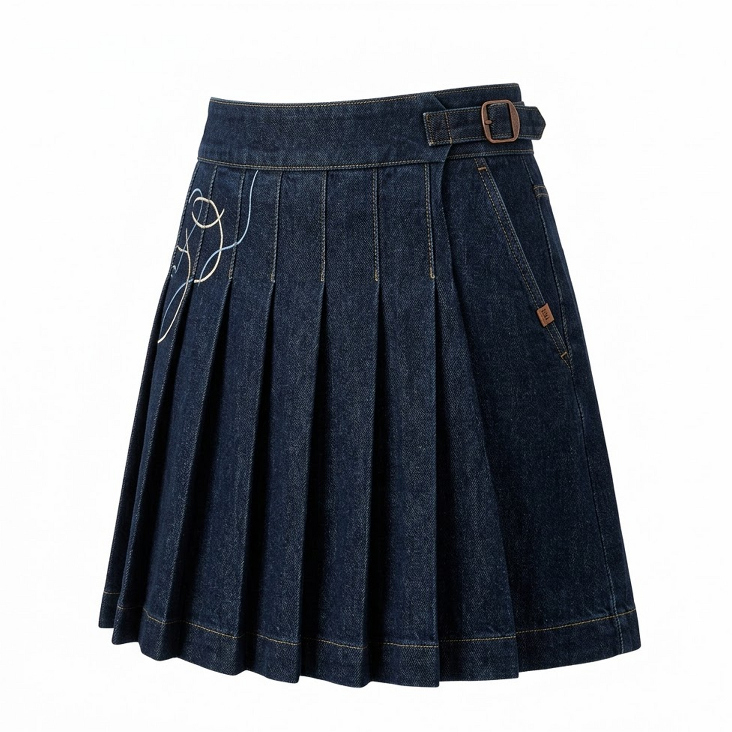 Dark Denim Pleated Mini Skirt with Embroidery Detail