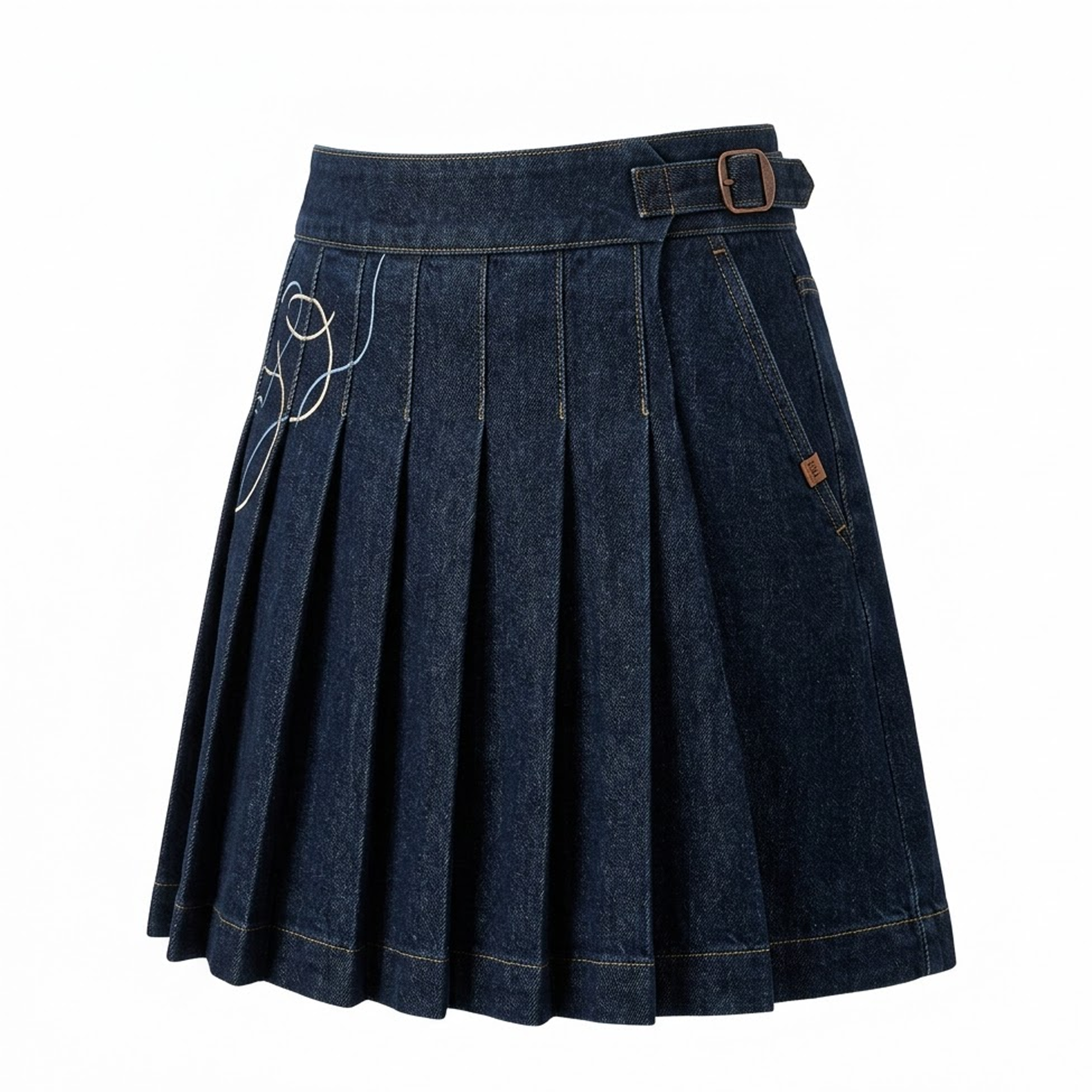 Dark Denim Pleated Mini Skirt with Embroidery Detail