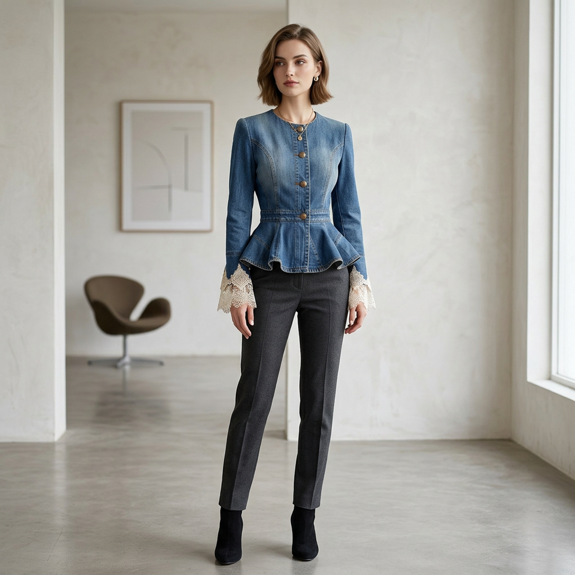 Lace-Trimmed Denim Peplum Jacket