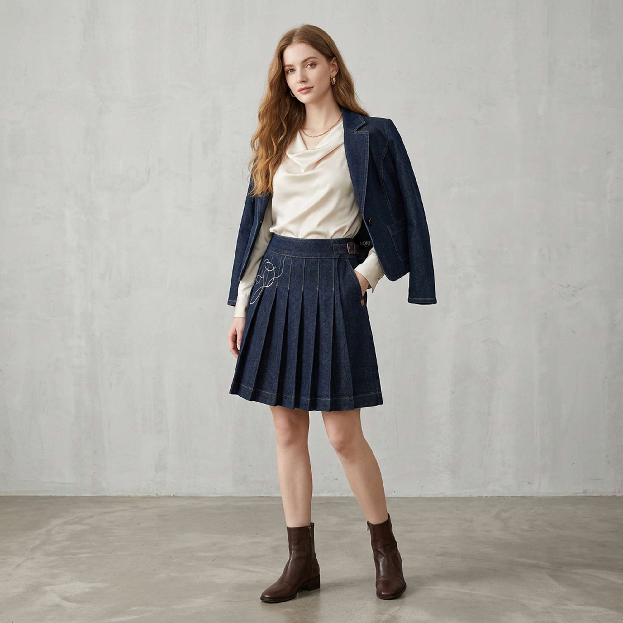 Dark Denim Pleated Mini Skirt with Embroidery Detail