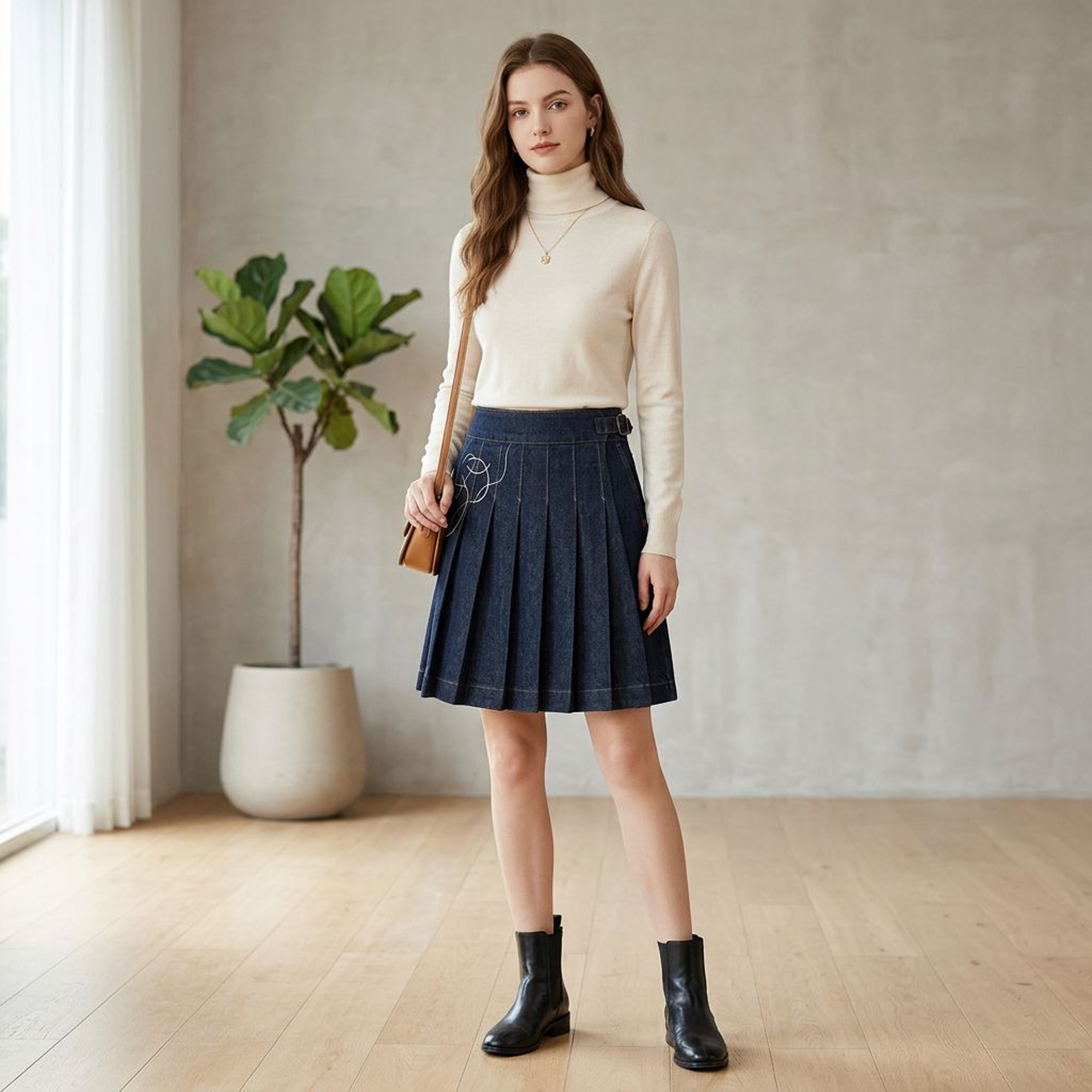 Dark Denim Pleated Mini Skirt with Embroidery Detail