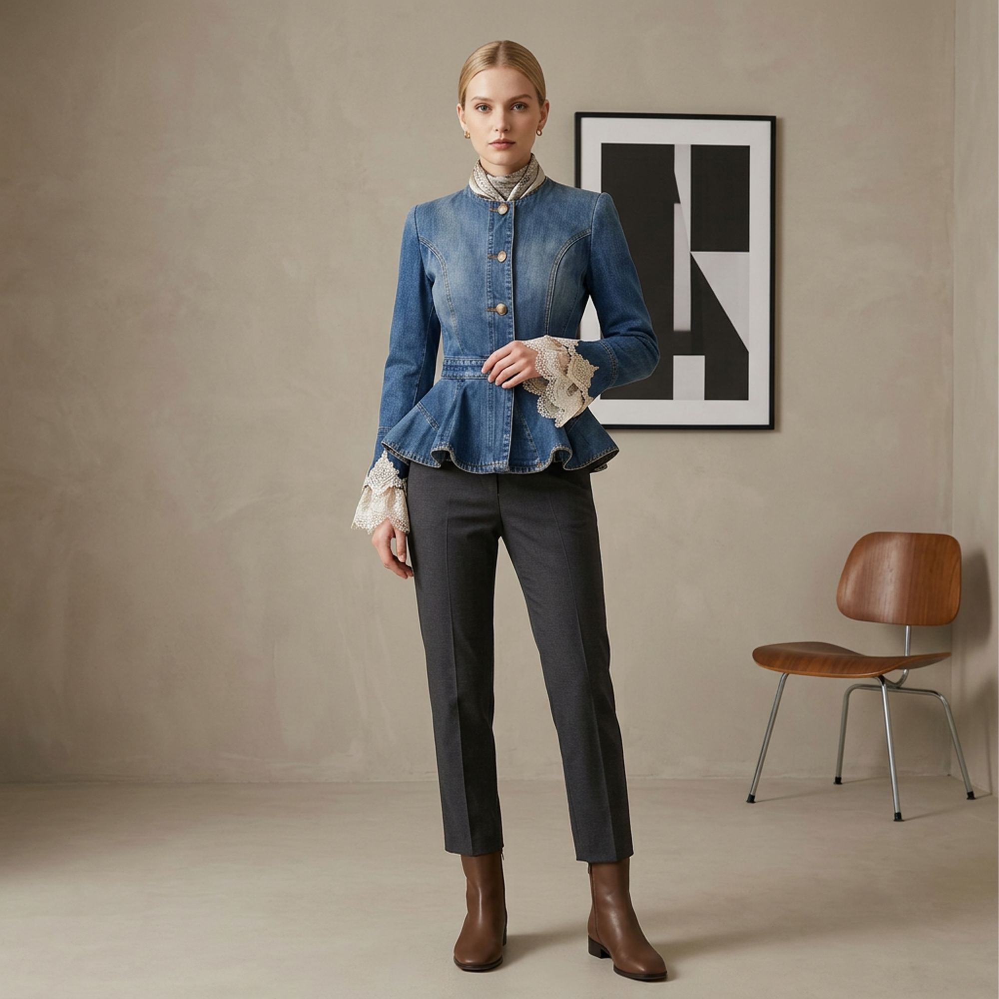 Lace-Trimmed Denim Peplum Jacket