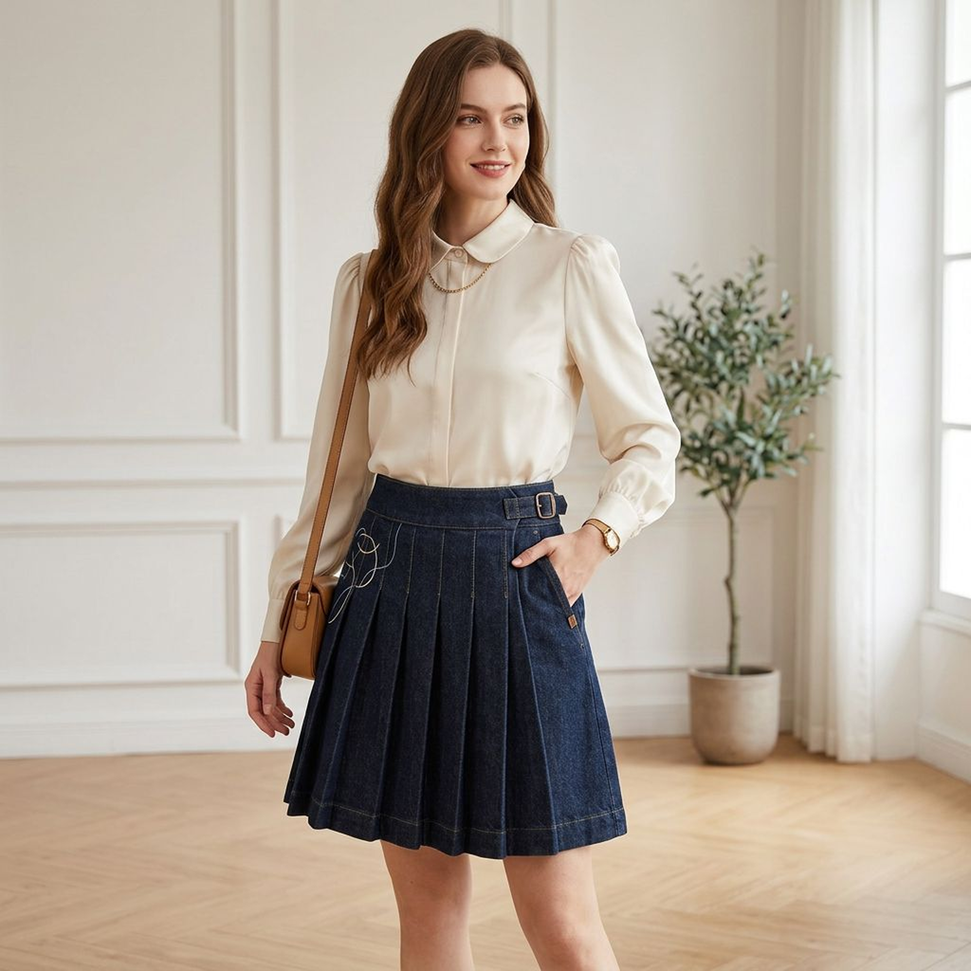 Dark Denim Pleated Mini Skirt with Embroidery Detail