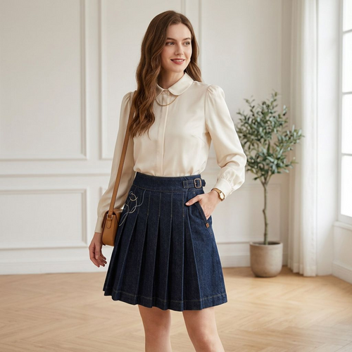Dark Denim Pleated Mini Skirt with Embroidery Detail