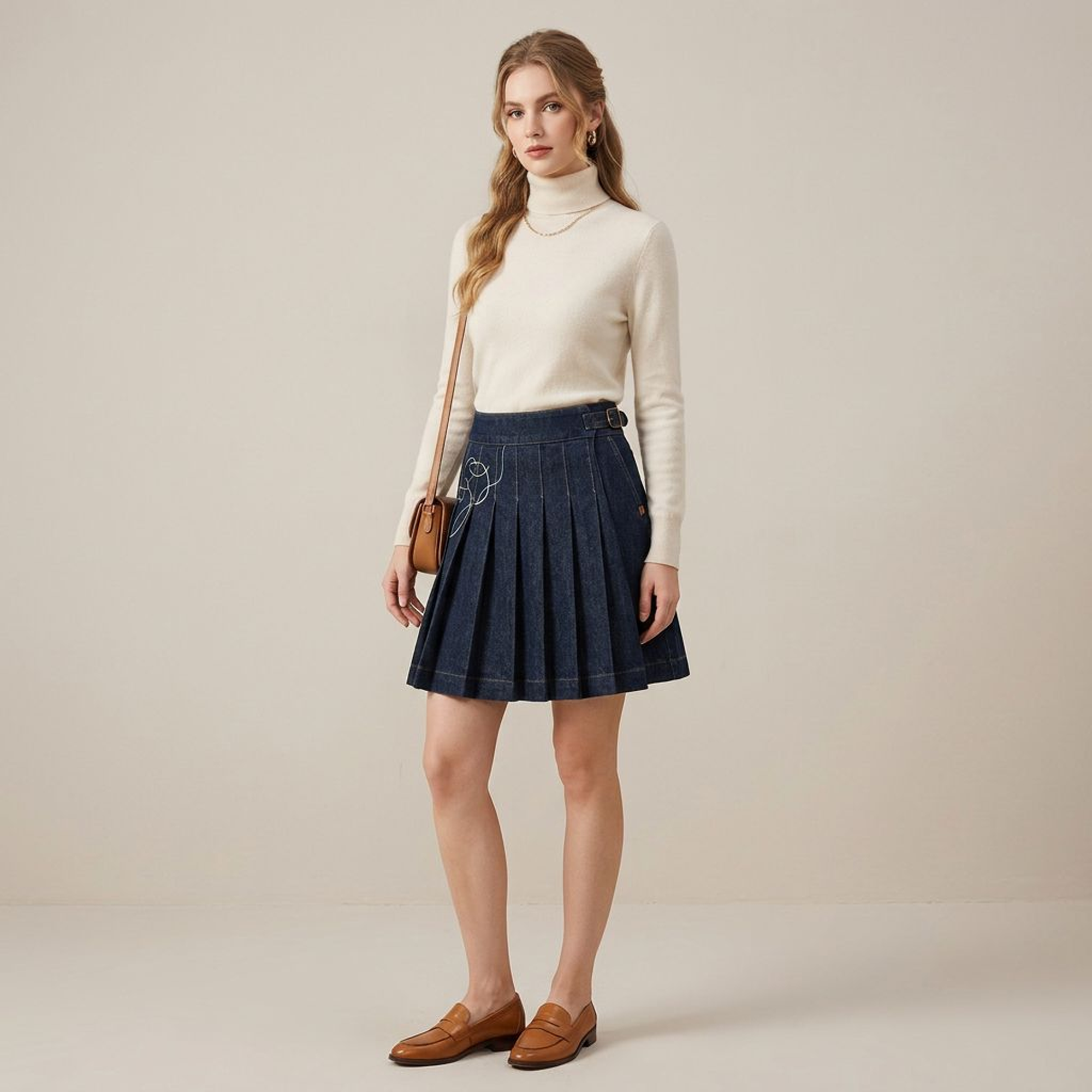 Dark Denim Pleated Mini Skirt with Embroidery Detail