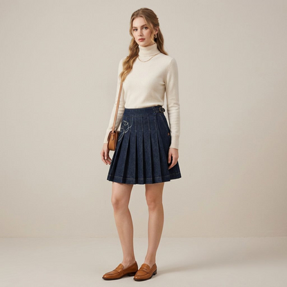 Dark Denim Pleated Mini Skirt with Embroidery Detail