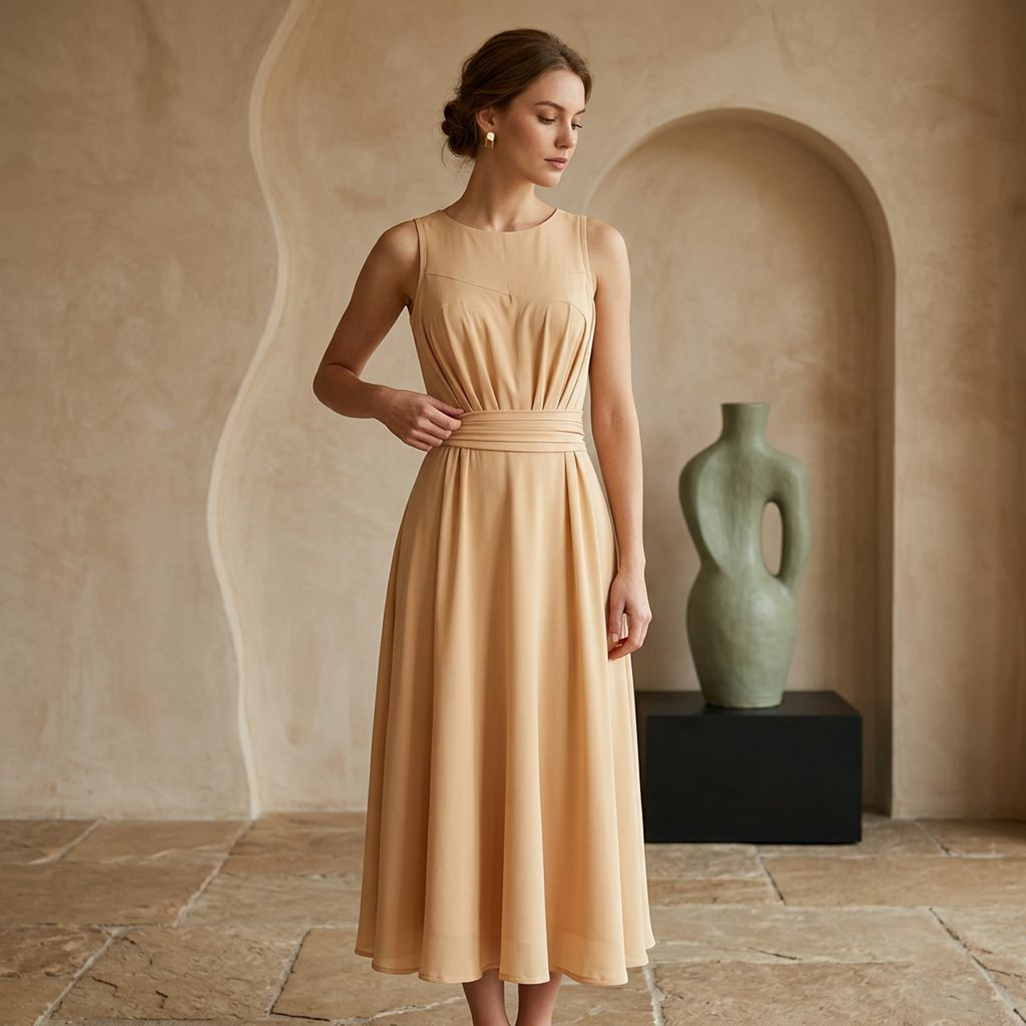 Beige Sleeveless Ruched-Waist Chiffon Midi Dress