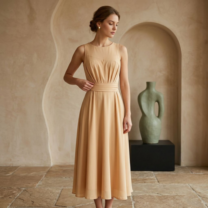 Beige Sleeveless Ruched-Waist Chiffon Midi Dress