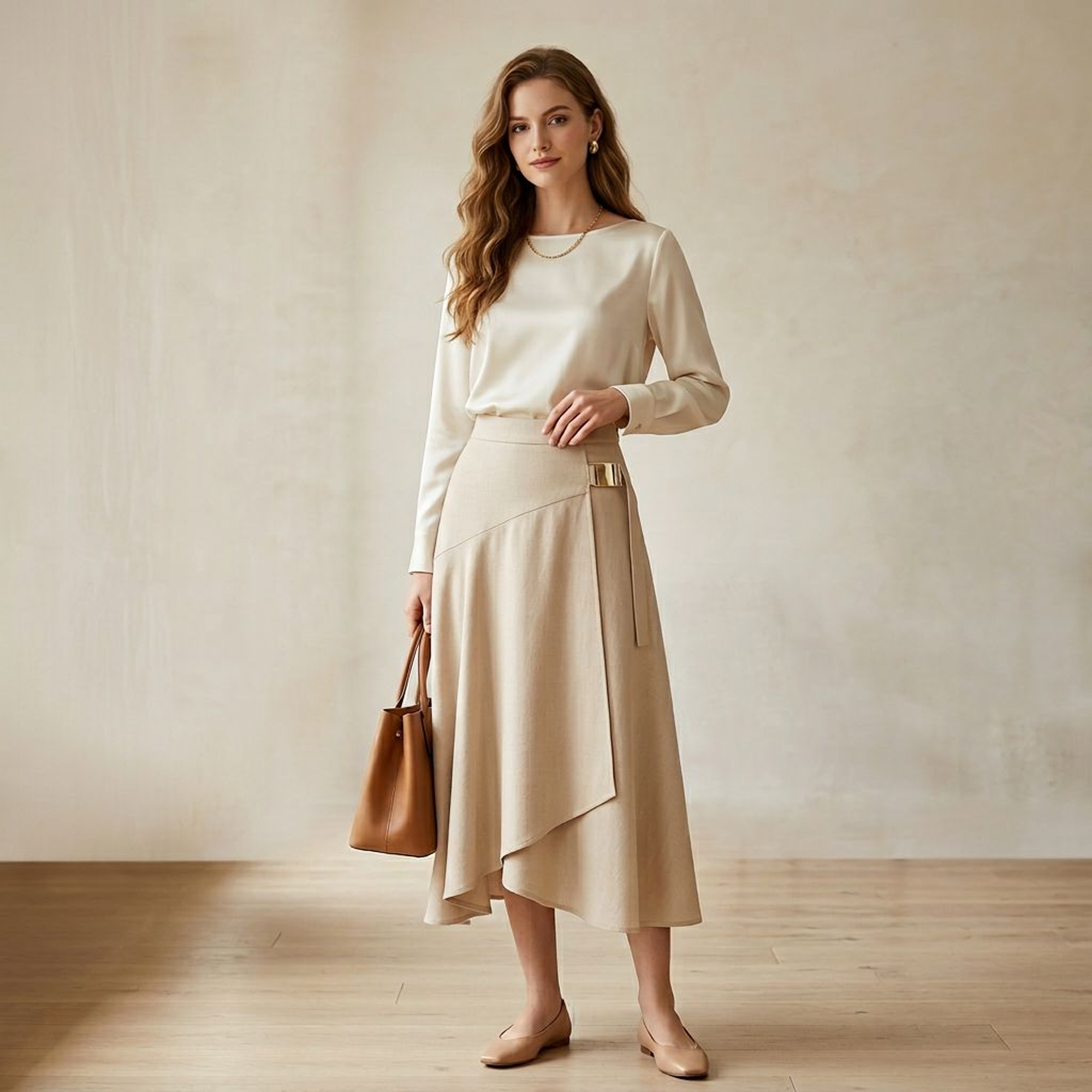 Beige Wrap Midi Skirt with Gold Buckle Detail