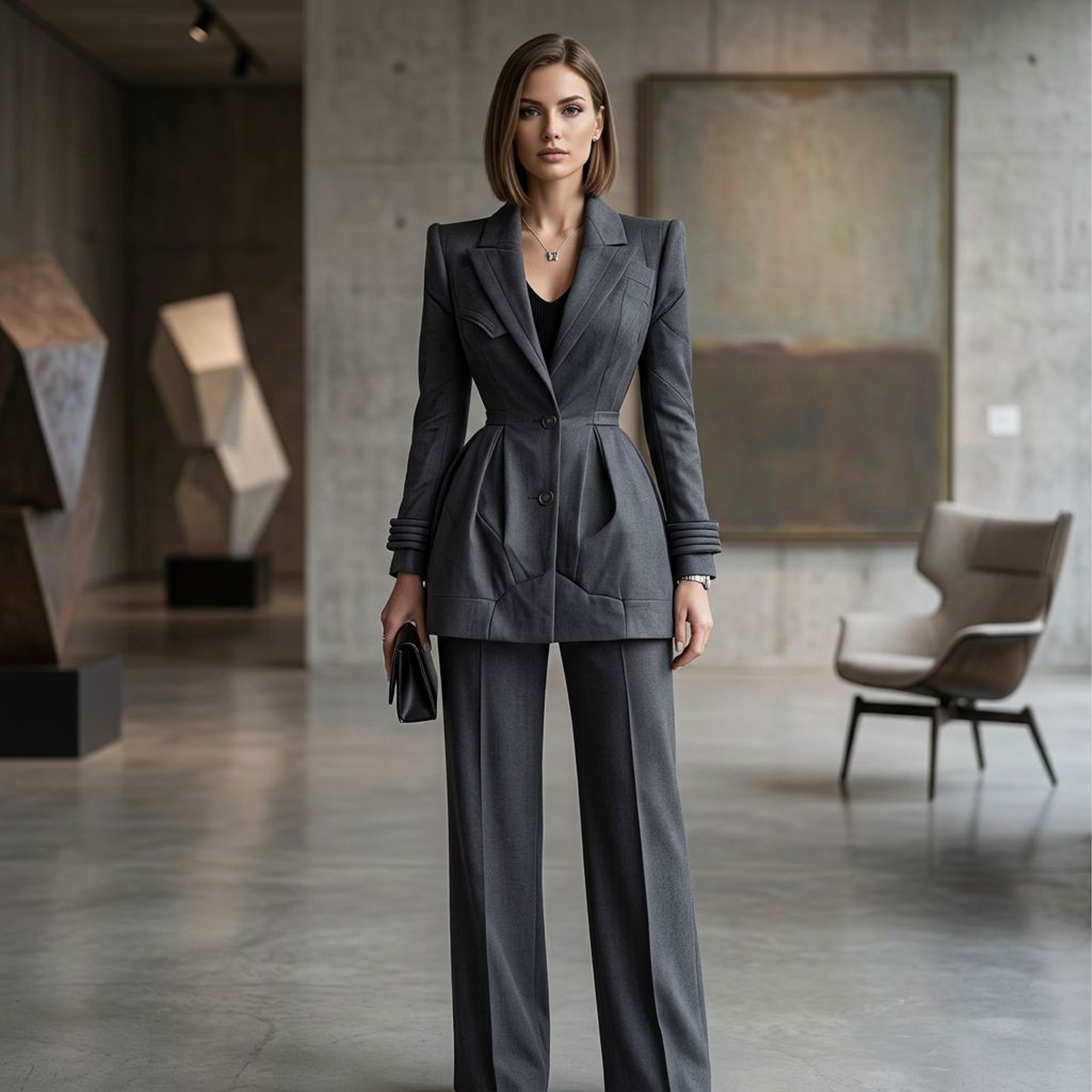 Sculptural Charcoal Peplum Blazer Coat