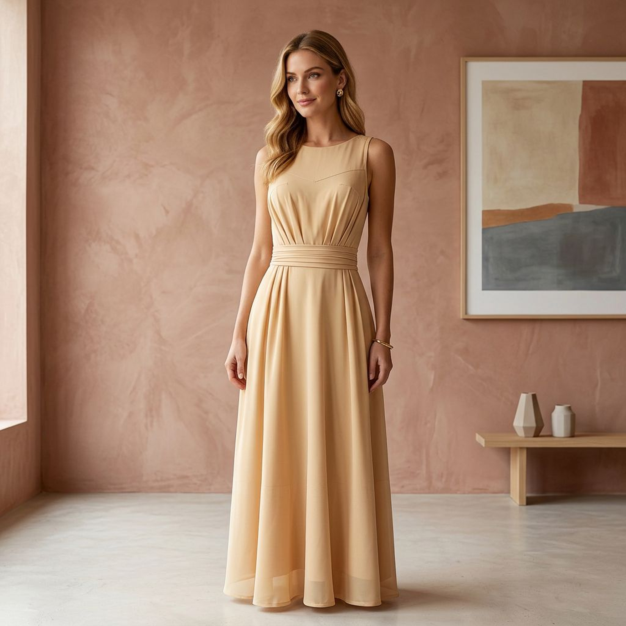 Beige Sleeveless Ruched-Waist Chiffon Midi Dress