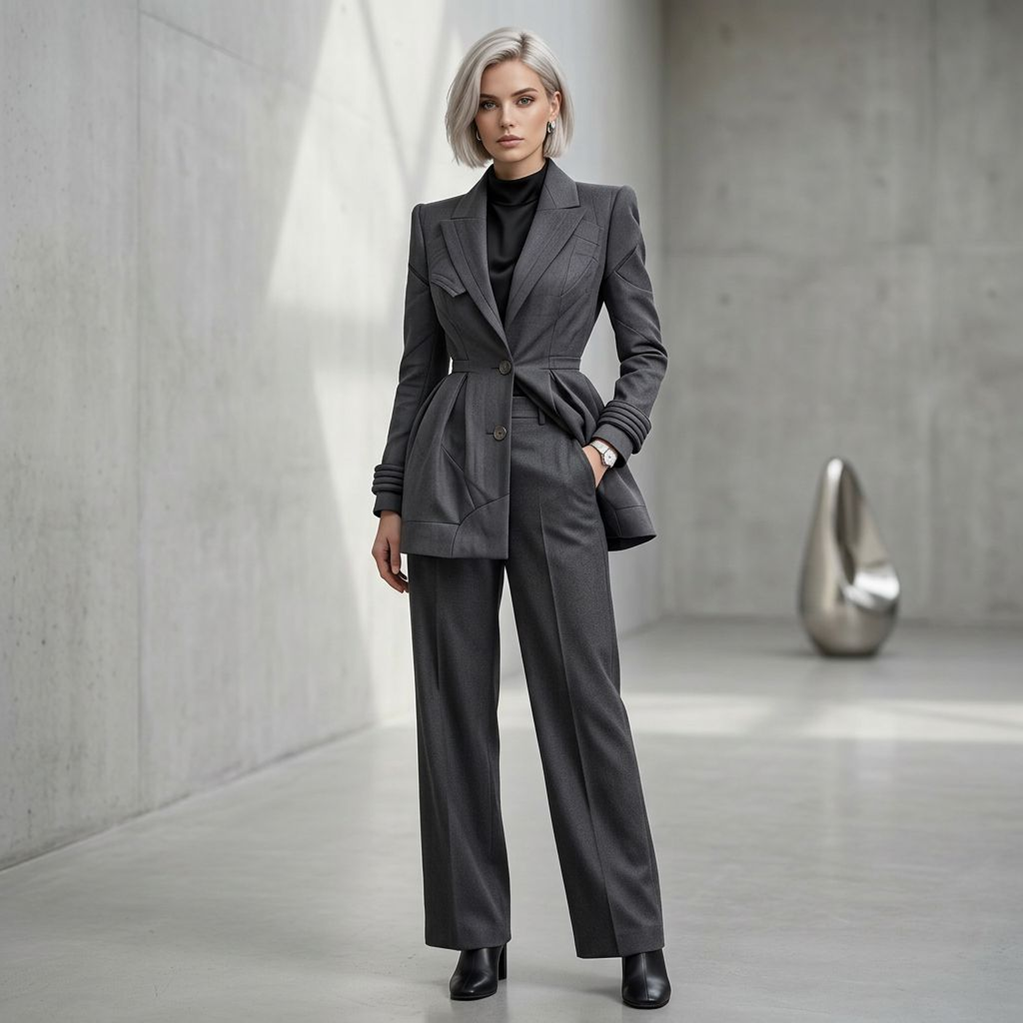 Sculptural Charcoal Peplum Blazer Coat