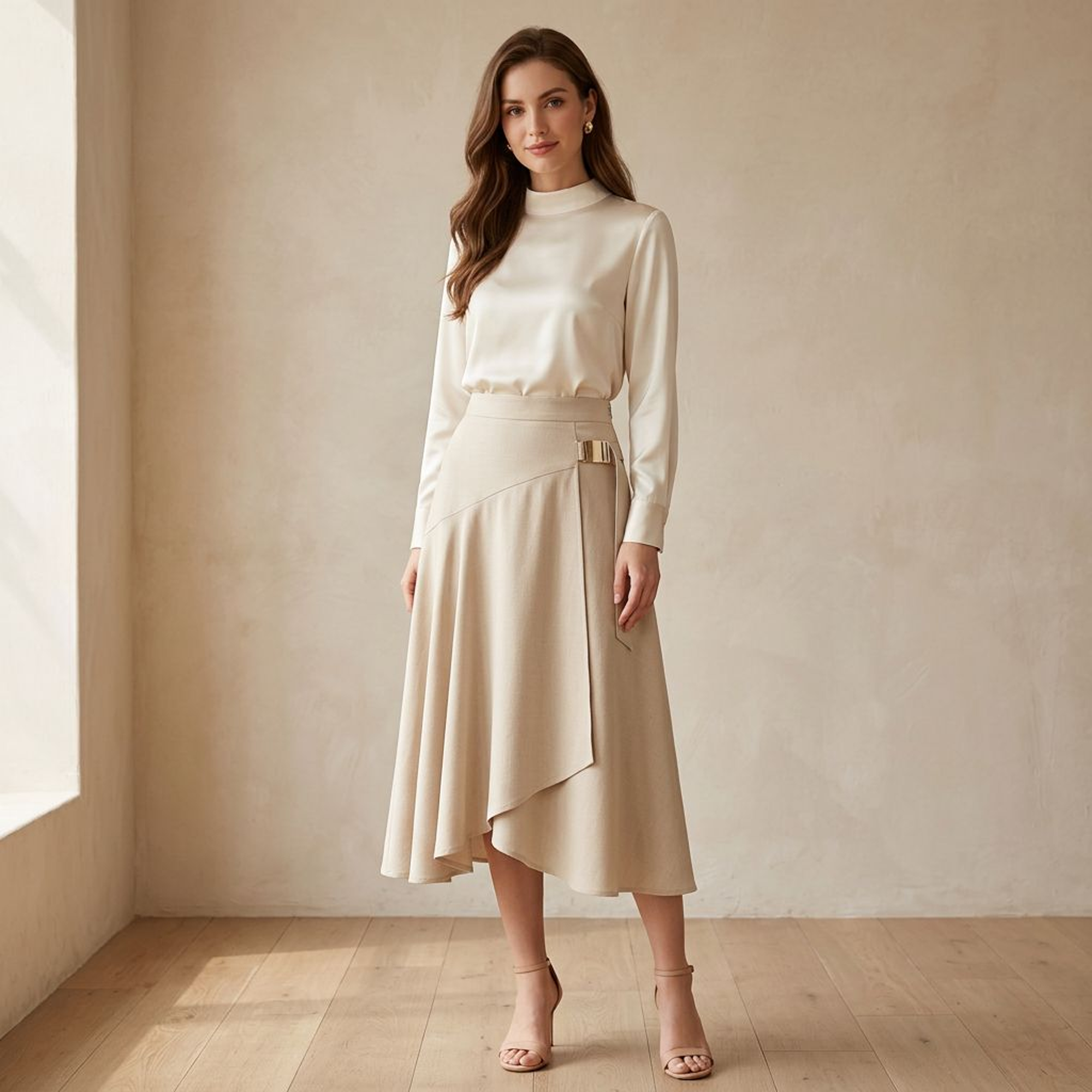 Beige Wrap Midi Skirt with Gold Buckle Detail