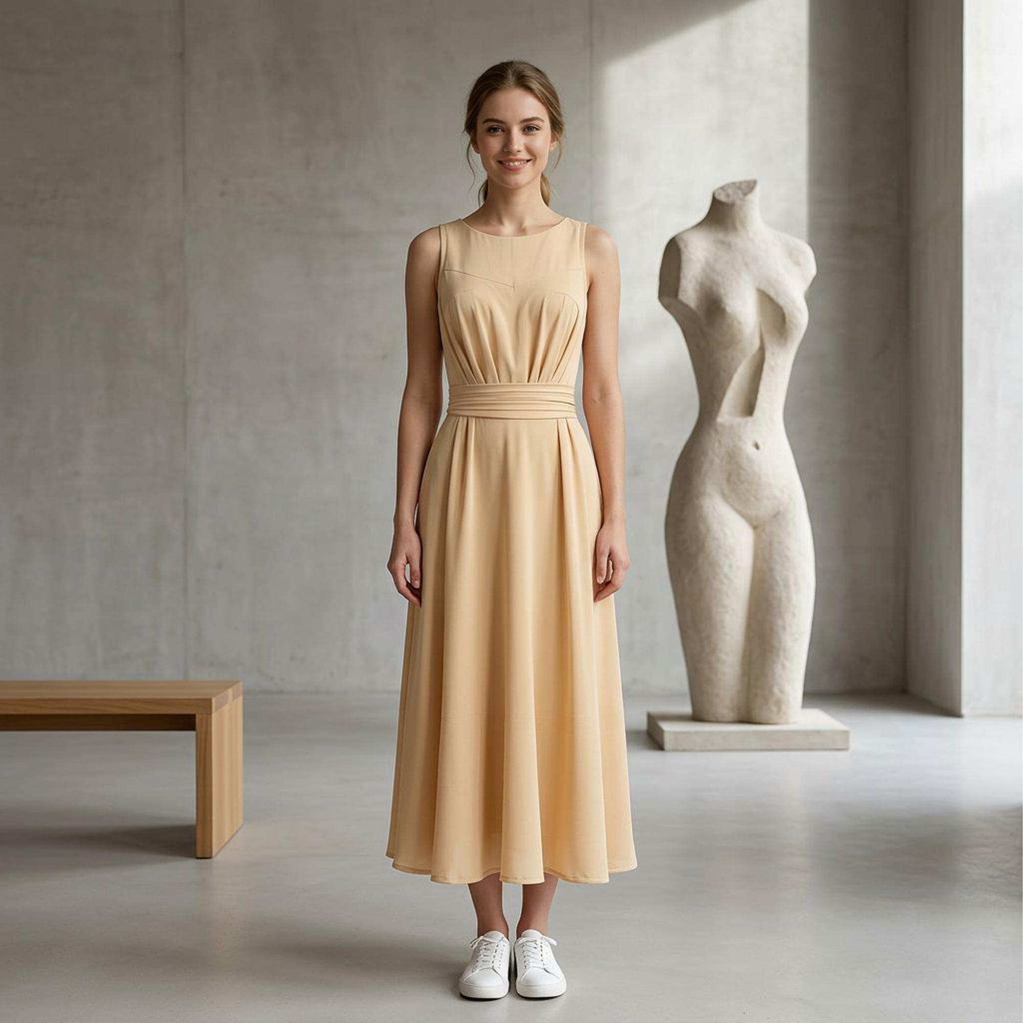 Beige Sleeveless Ruched-Waist Chiffon Midi Dress