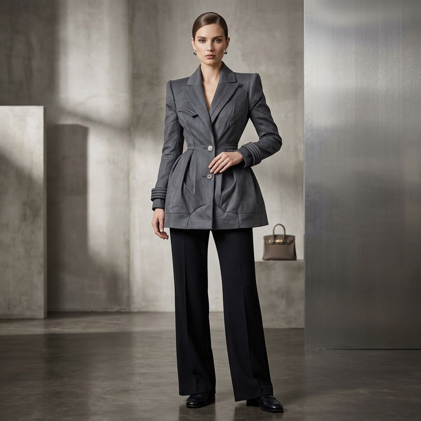 Sculptural Charcoal Peplum Blazer Coat