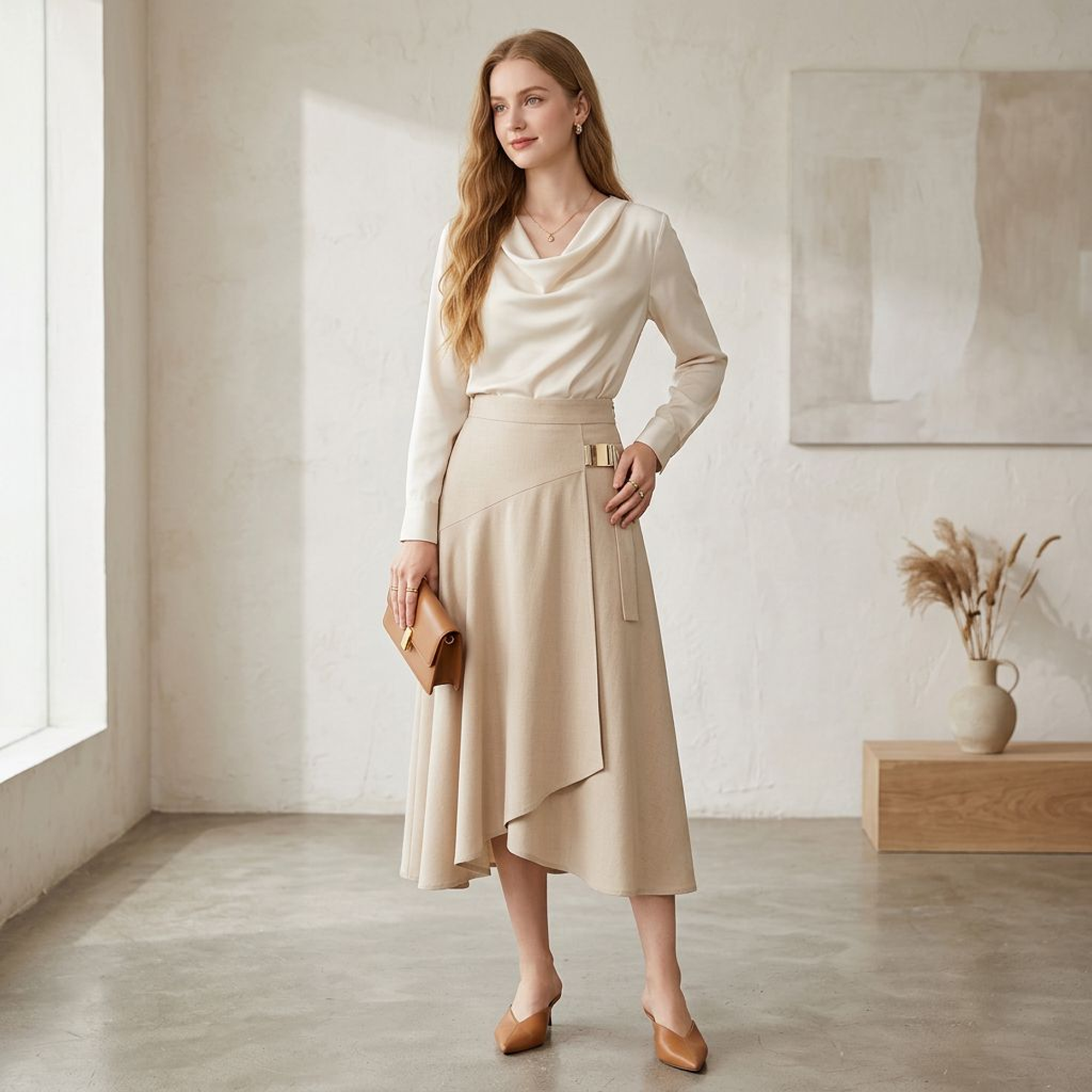 Beige Wrap Midi Skirt with Gold Buckle Detail