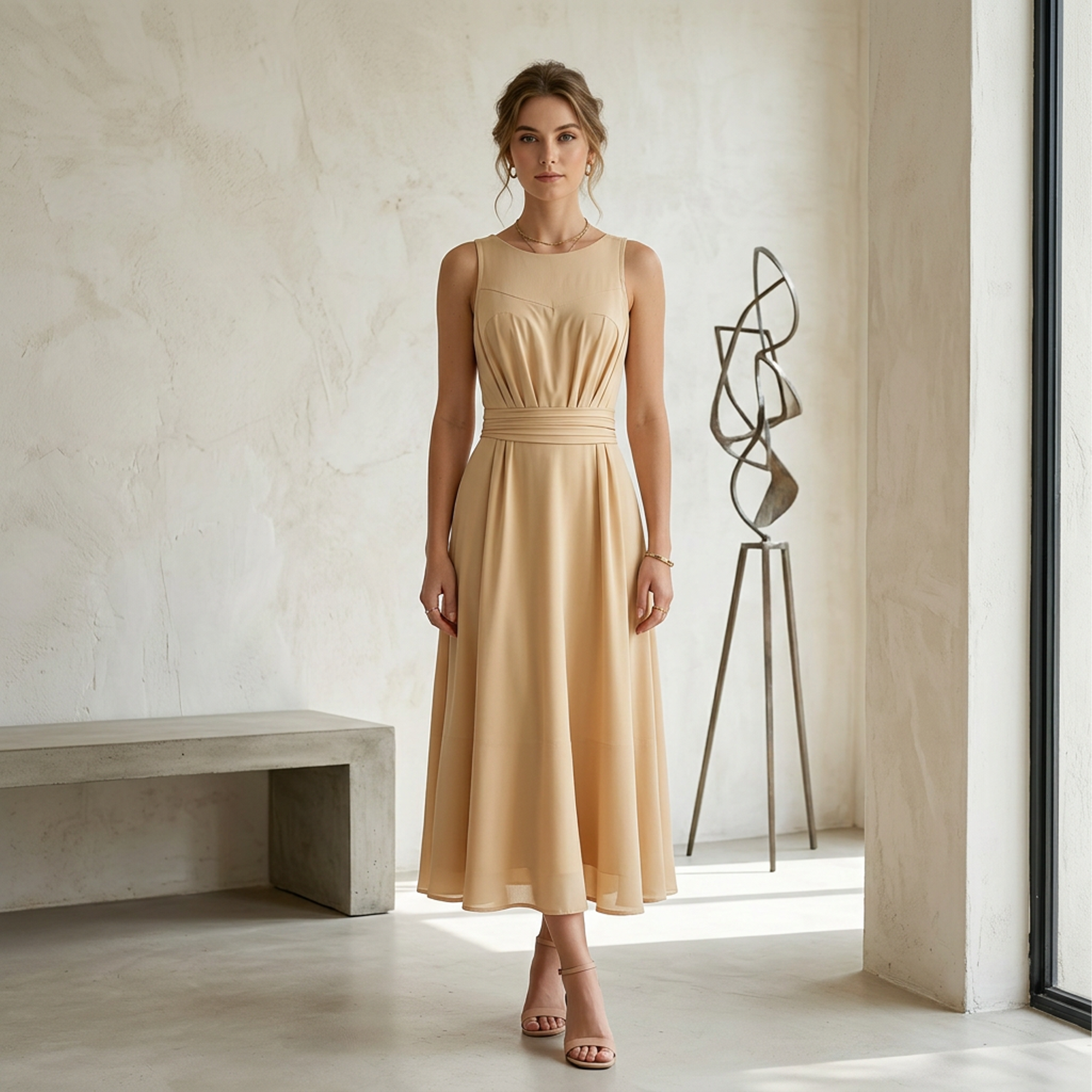 Beige Sleeveless Ruched-Waist Chiffon Midi Dress