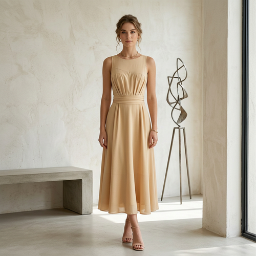Beige Sleeveless Ruched-Waist Chiffon Midi Dress