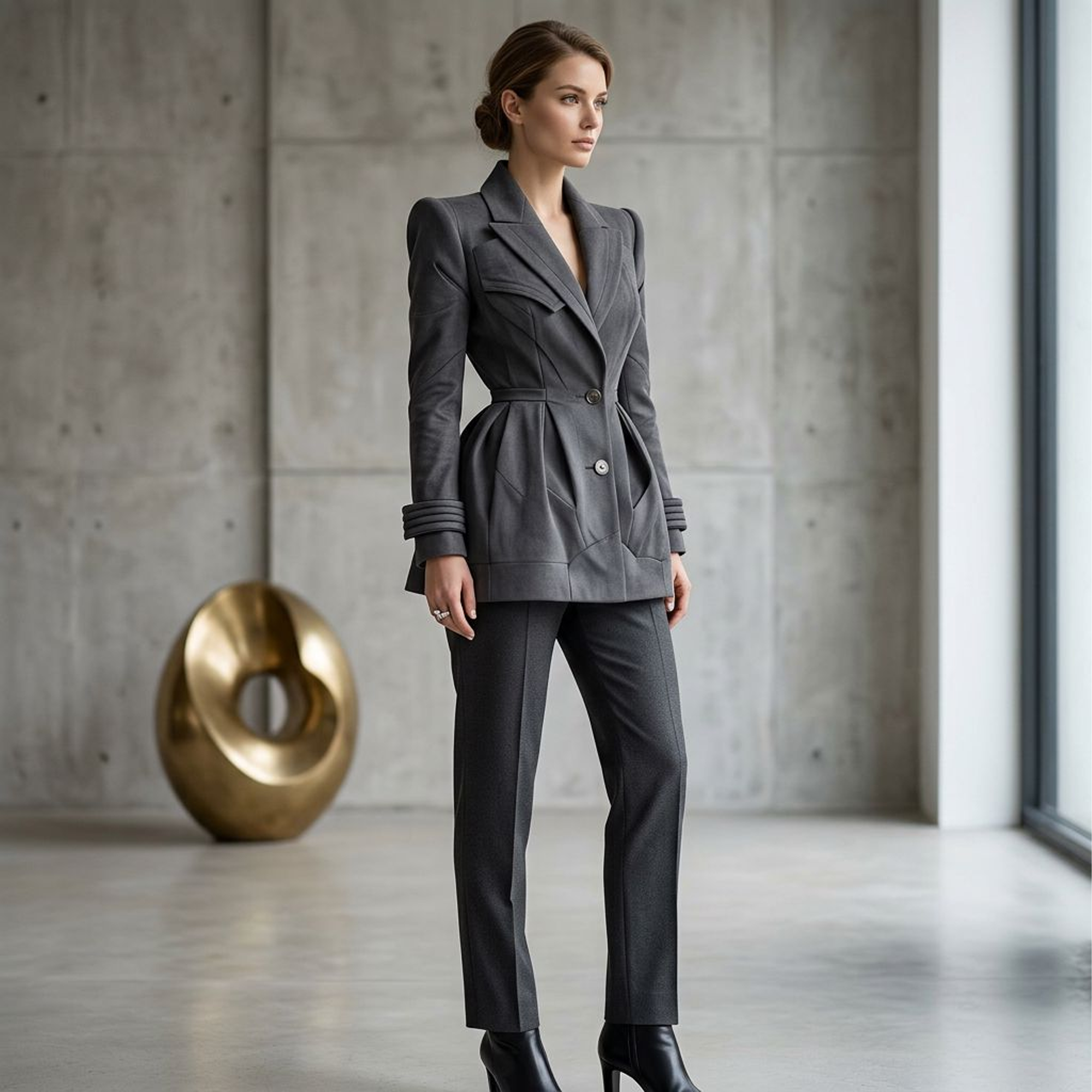Sculptural Charcoal Peplum Blazer Coat