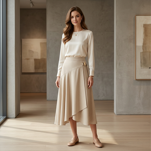 Beige Wrap Midi Skirt with Gold Buckle Detail
