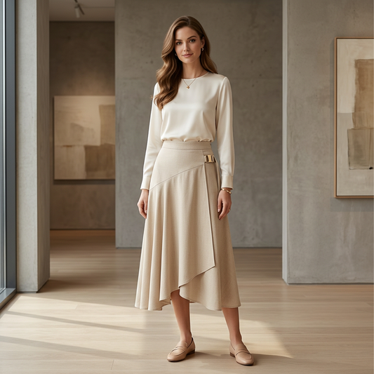 Beige Wrap Midi Skirt with Gold Buckle Detail