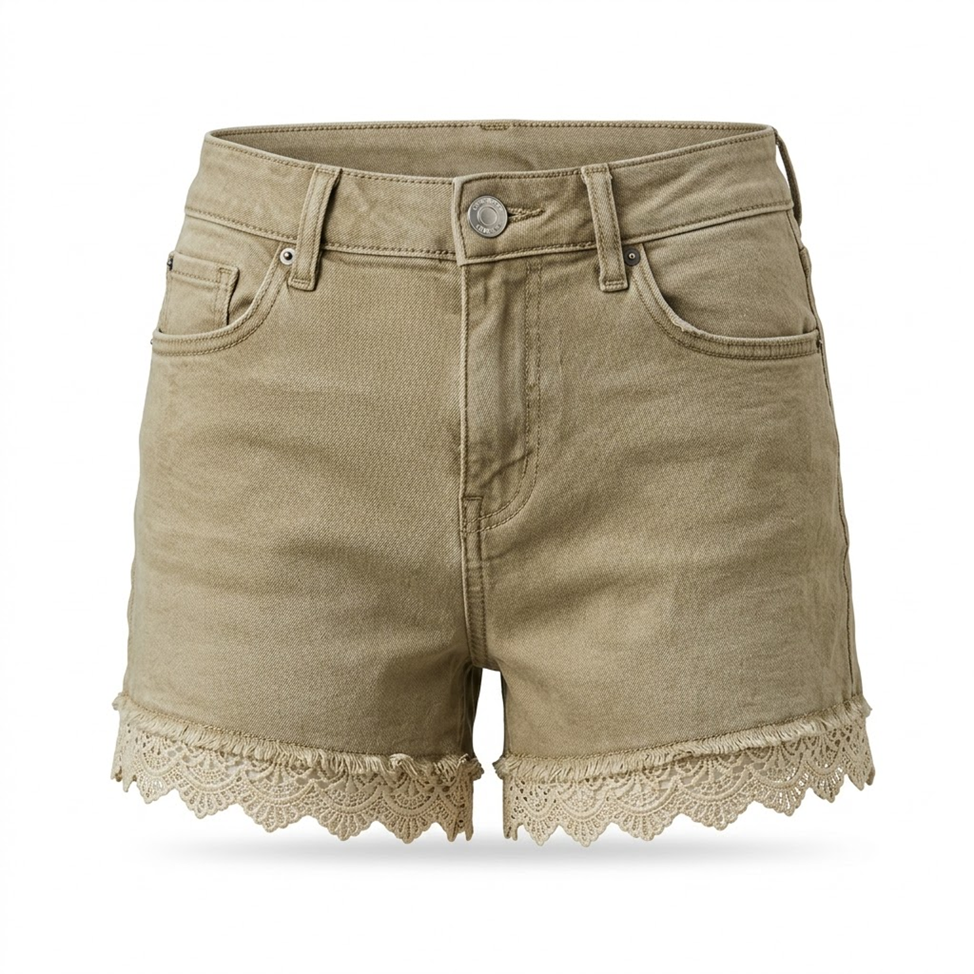 Khaki Denim Shorts with Lace Trim