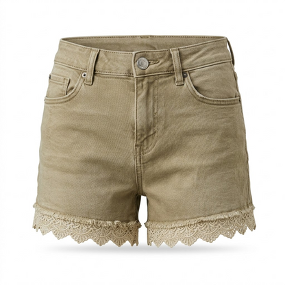 Khaki Denim Shorts with Lace Trim