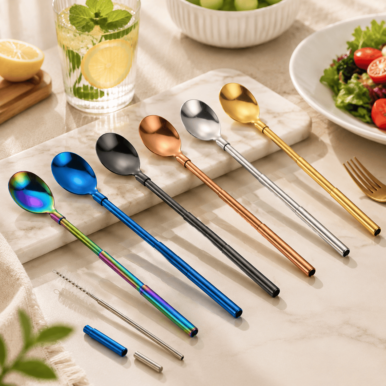 3-in-1 Pocket-Sized & Extendable Premium Stainless Steel Reusable Spoon & Straw