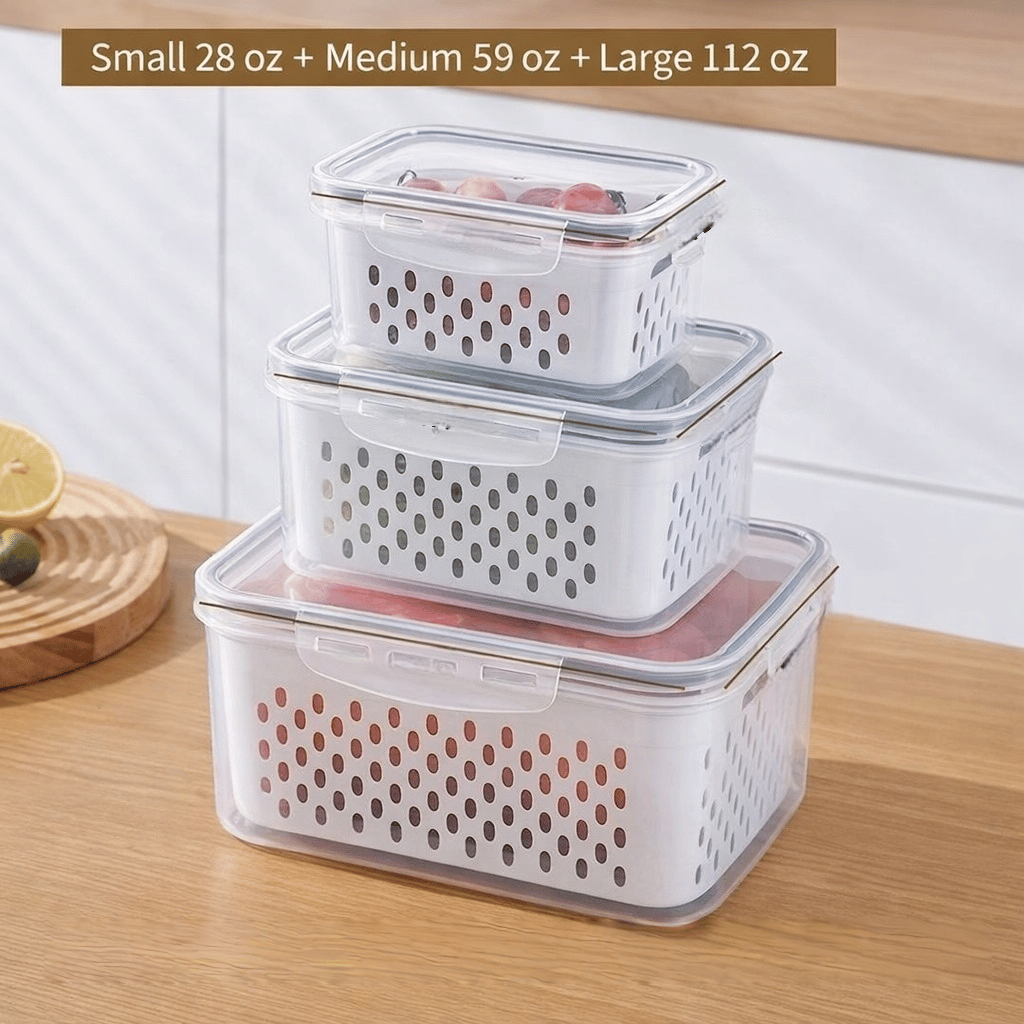 4-in-1 Produce Storage Containers (3-Pack Set) | Wash • Drain • Store • Keep Fresh