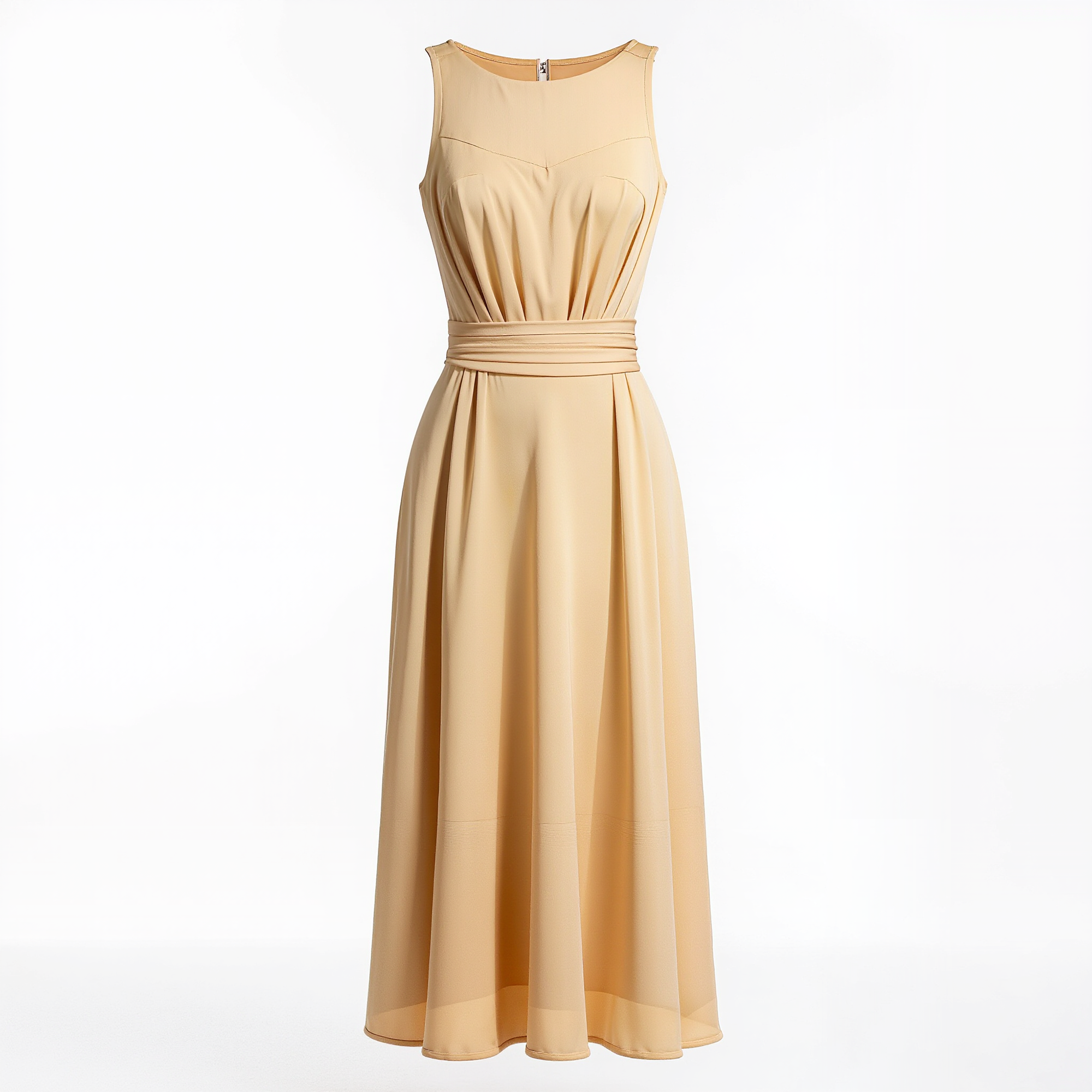 Beige Sleeveless Ruched-Waist Chiffon Midi Dress
