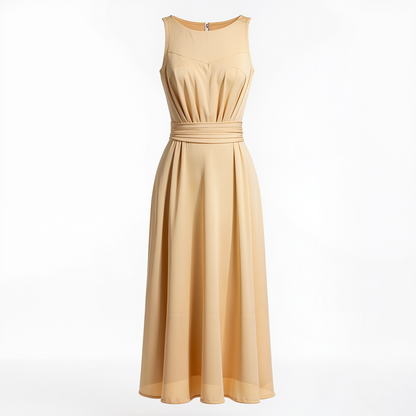 Beige Sleeveless Ruched-Waist Chiffon Midi Dress