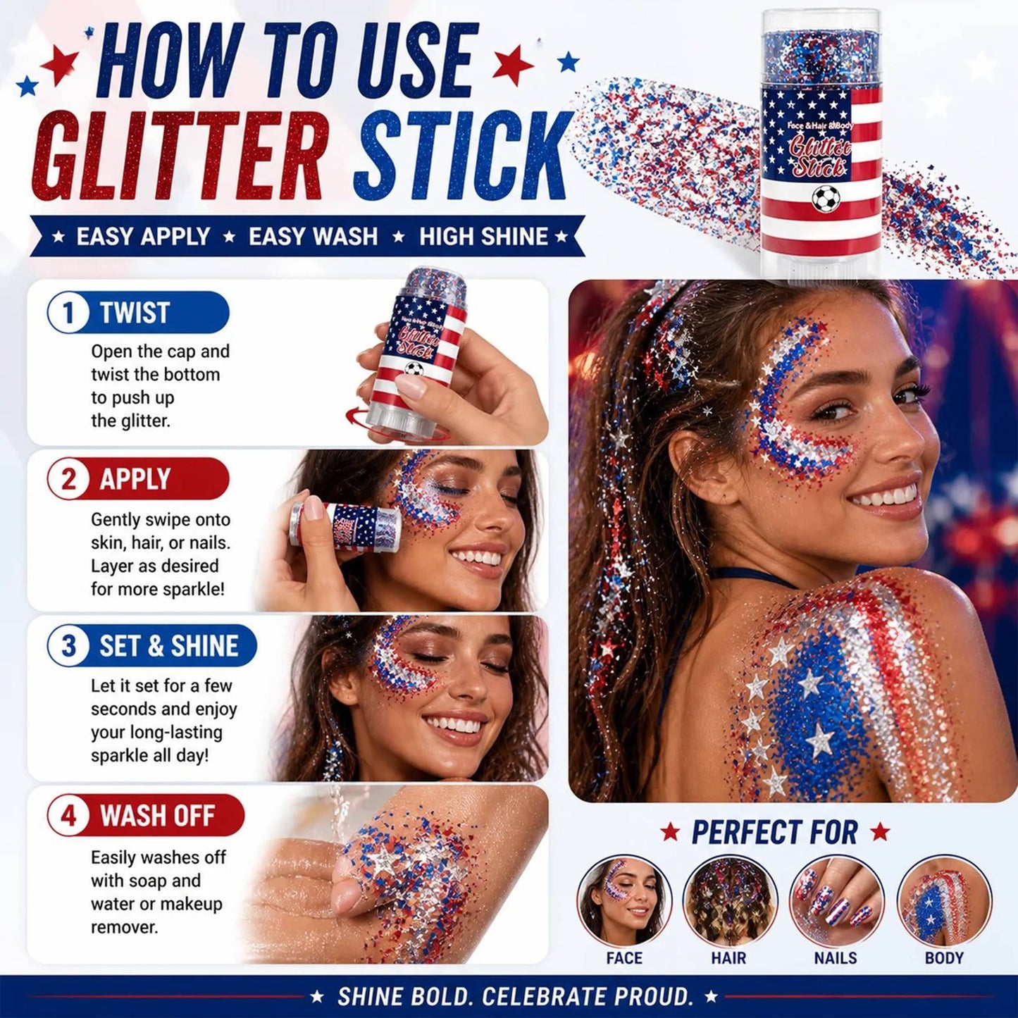 🎉 4th of July Glitter Stick – Red, White & Blue Body & Hair Sparkle 1