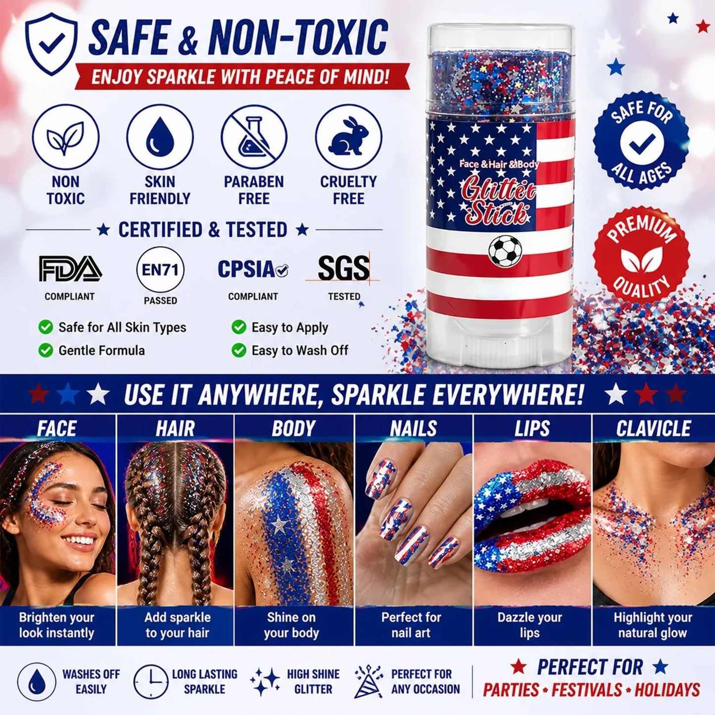 🎉 4th of July Glitter Stick – Red, White & Blue Body & Hair Sparkle 1