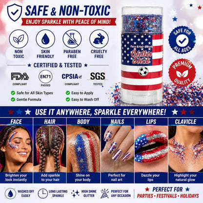 🎉 4th of July Glitter Stick – Red, White & Blue Body & Hair Sparkle 1