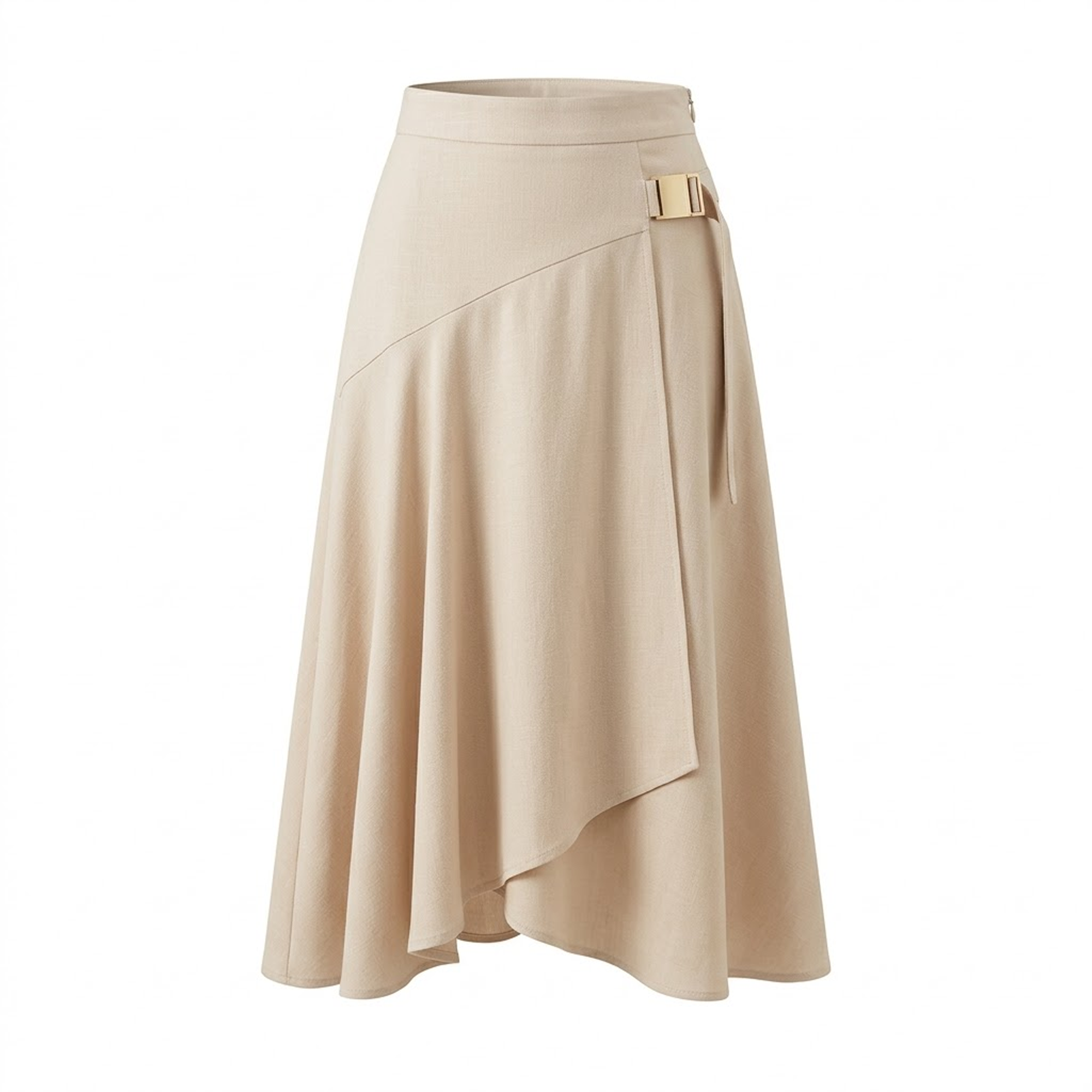 Beige Wrap Midi Skirt with Gold Buckle Detail