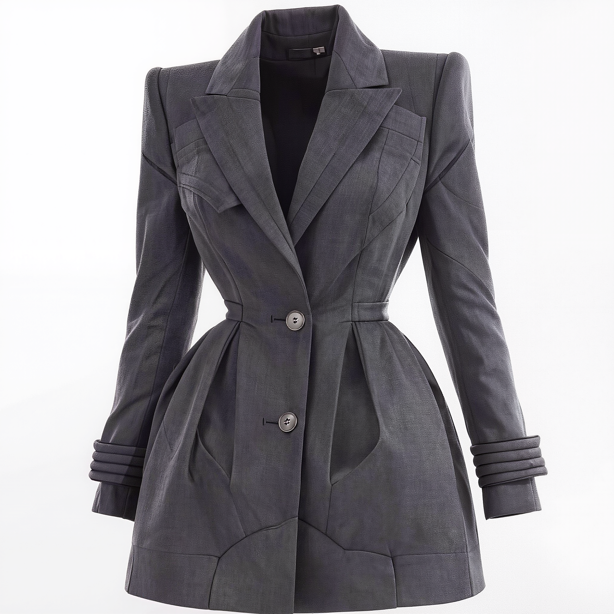 Sculptural Charcoal Peplum Blazer Coat