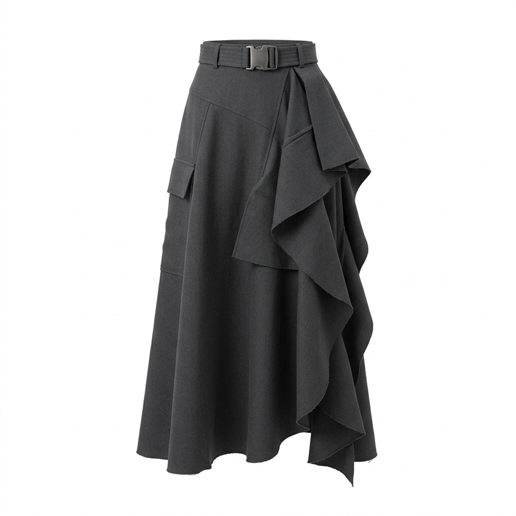 Charcoal Asymmetrical Ruffled Utility Midi Skirt