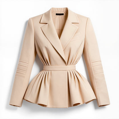 Beige Cinched-Waist Peplum Blazer