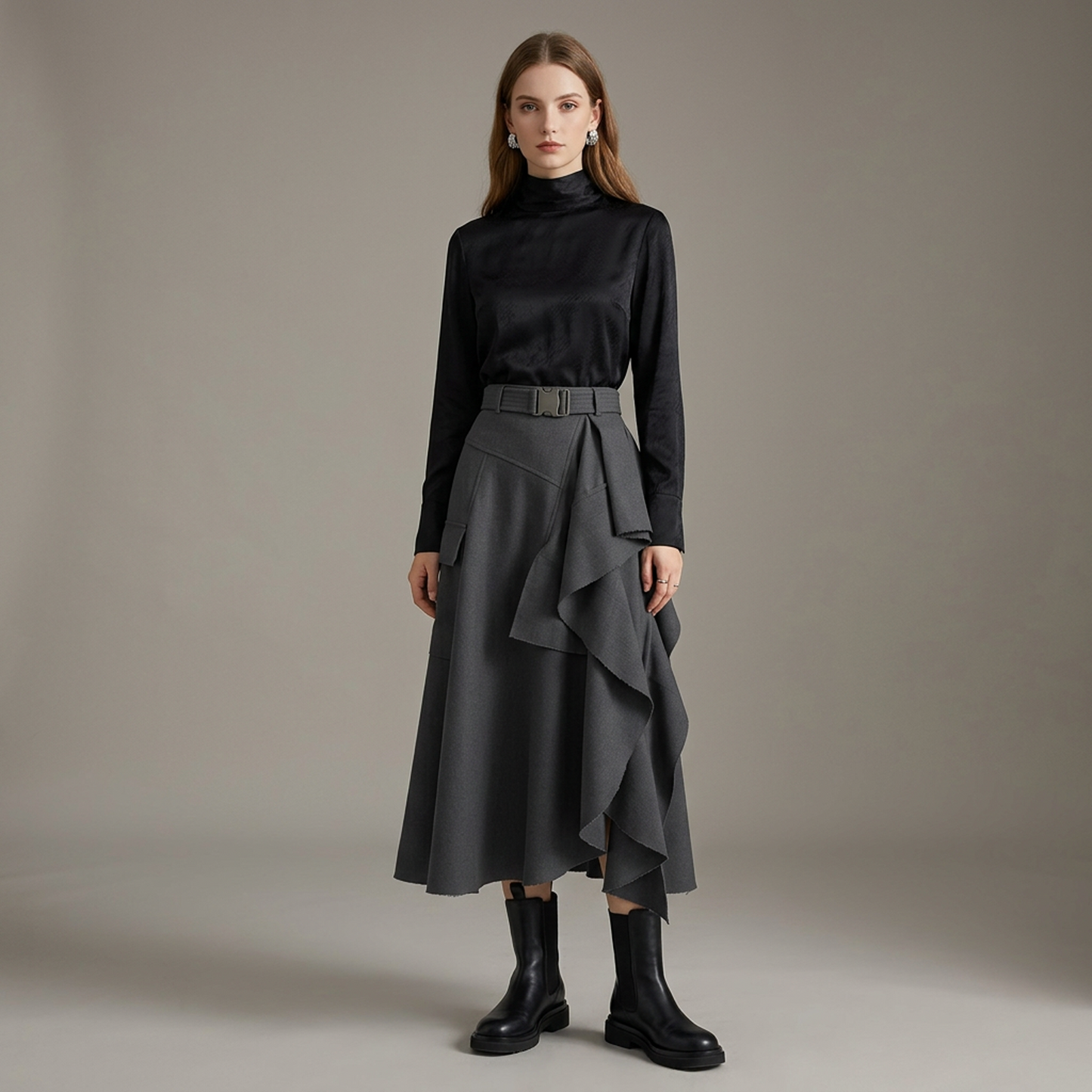 Charcoal Asymmetrical Ruffled Utility Midi Skirt