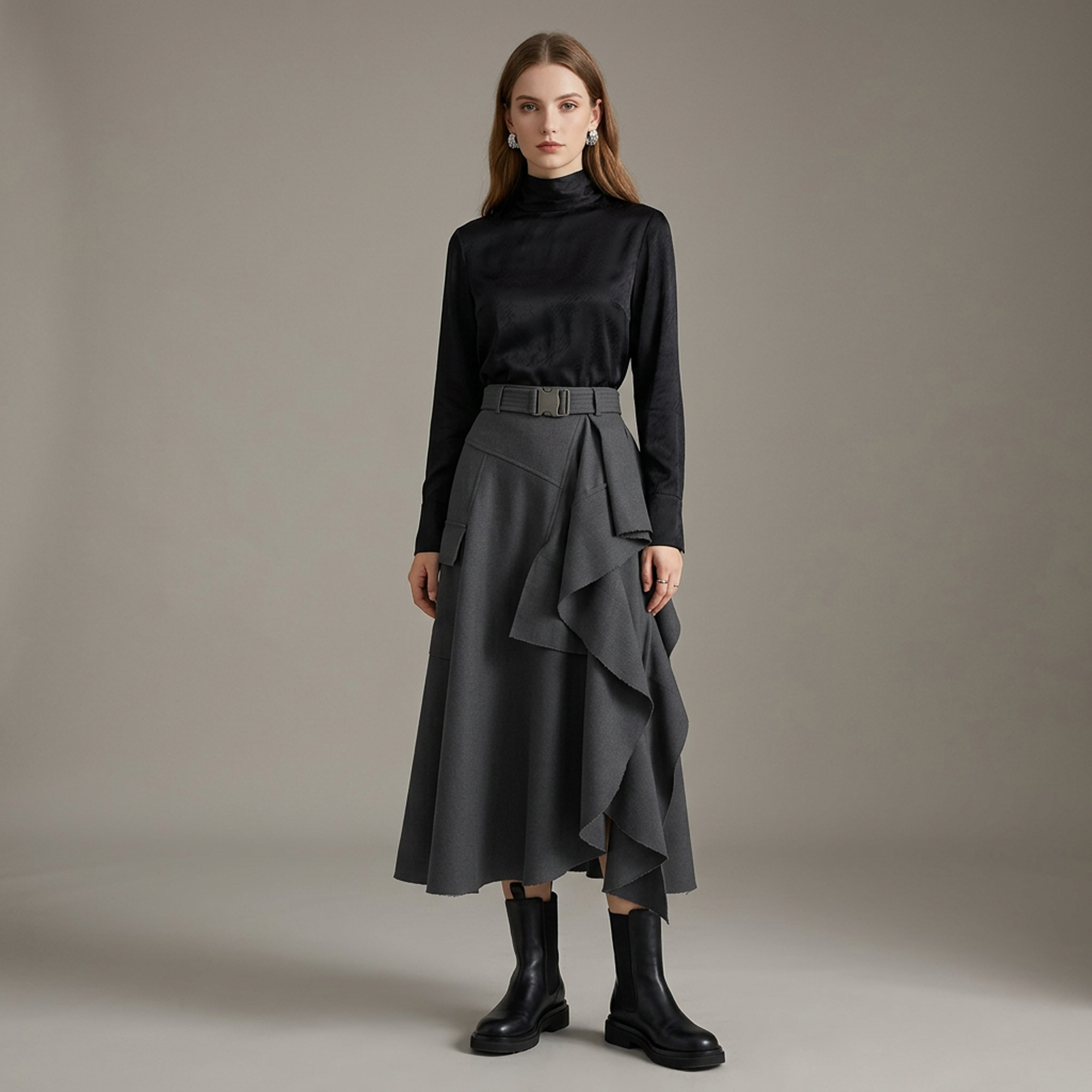 Charcoal Asymmetrical Ruffled Utility Midi Skirt