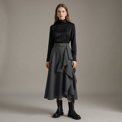 Charcoal Asymmetrical Ruffled Utility Midi Skirt